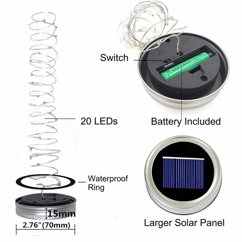 Decorman Solar Mason Jar Lid Lights, 6 Pack 20 LED Waterproof String Fairy Star Firefly Jar Lids Lights for Patio Garden Yard Lawn Party Wedding Christmas Decoration(Jars & Hangers Not Included) - Image 2